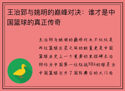 王治郅与姚明的巅峰对决：谁才是中国篮球的真正传奇