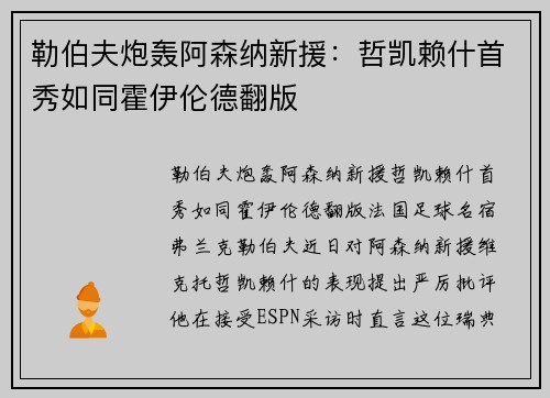 勒伯夫炮轰阿森纳新援：哲凯赖什首秀如同霍伊伦德翻版